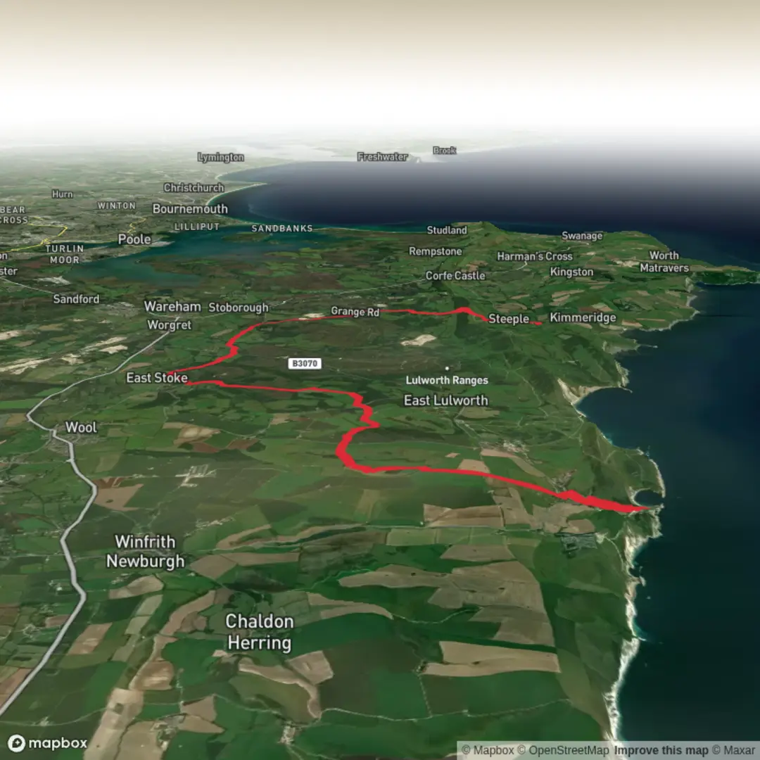 An image depicting the trail Day 2: Lulworth to Steeple Leaze Farm via Coombe Heath and its surrounding area.