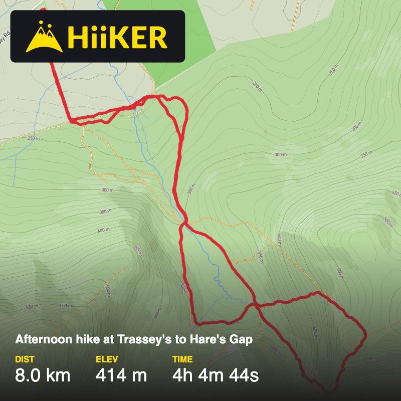 A map preview of the recording Afternoon hike at Trassey's to Hare's Gap.