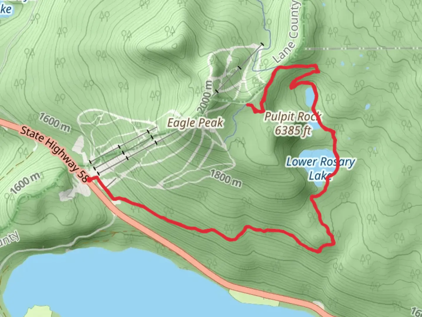 An image depicting the trail Pulpit Rock and Rosary Lakes via PCT and its surrounding area.