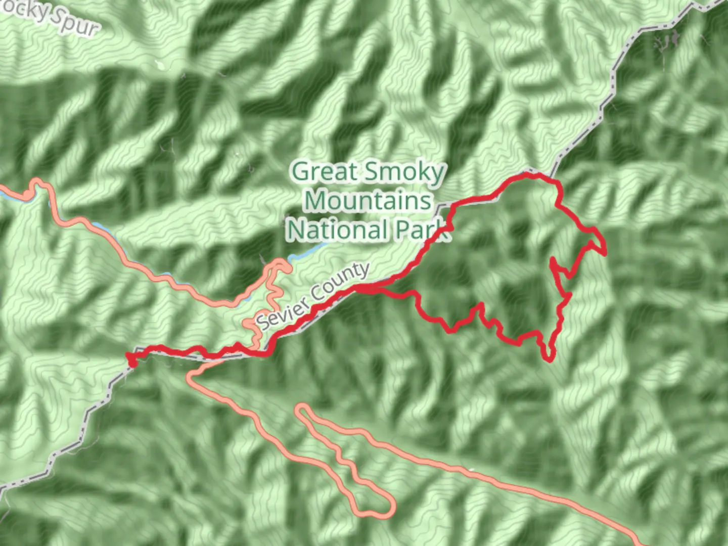 An image depicting the trail Mount Ambler, Charlies Bunion and Grassy Branch Loop Trail via Indian Gap and its surrounding area.