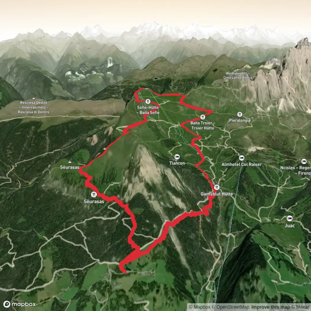 An image depicting the trail Hike 13 - Seceda__Monte_Pic_via_Cristauta and its surrounding area.