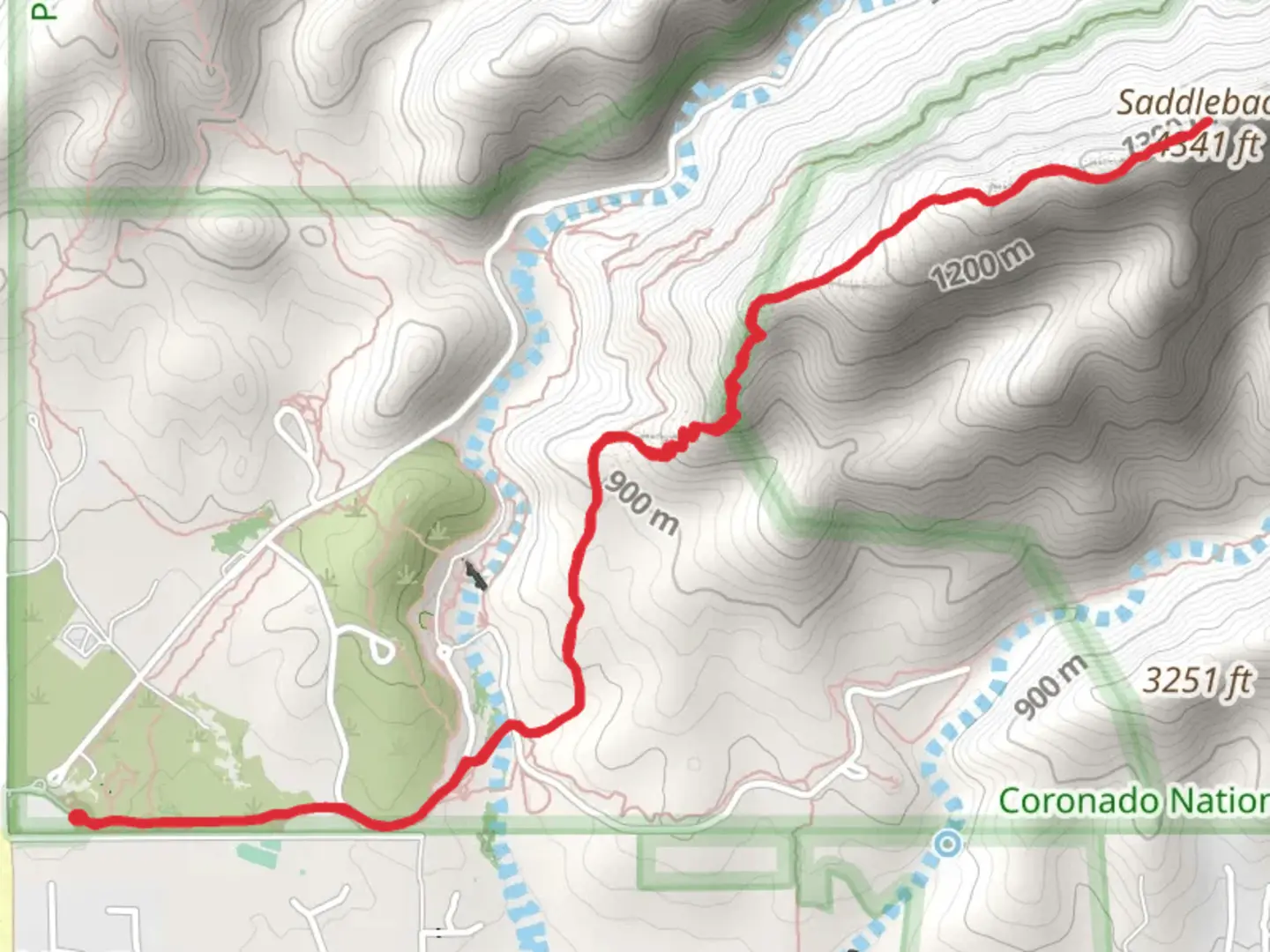 An image depicting the trail Saddleback via Phoneline Trail and its surrounding area.