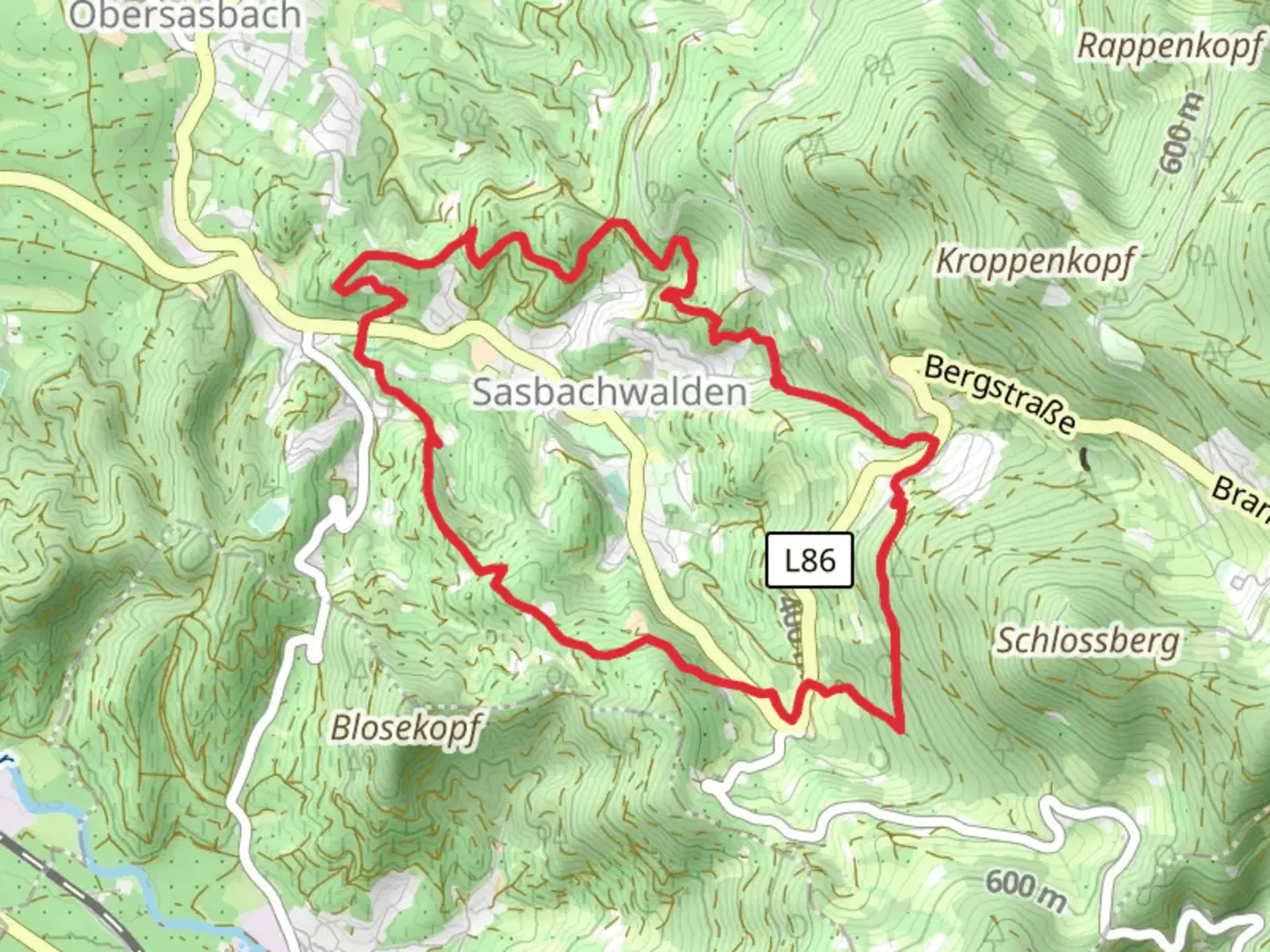 An image depicting the trail Muensterblick via Erlebnis Rundweg Obersasbach and Schnapsbrunnenweg and its surrounding area.