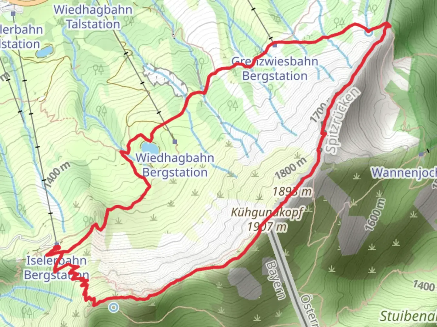 An image depicting the trail Iseler, Kuehgundkopf via Iselergrat and Schmugglerweg and its surrounding area.