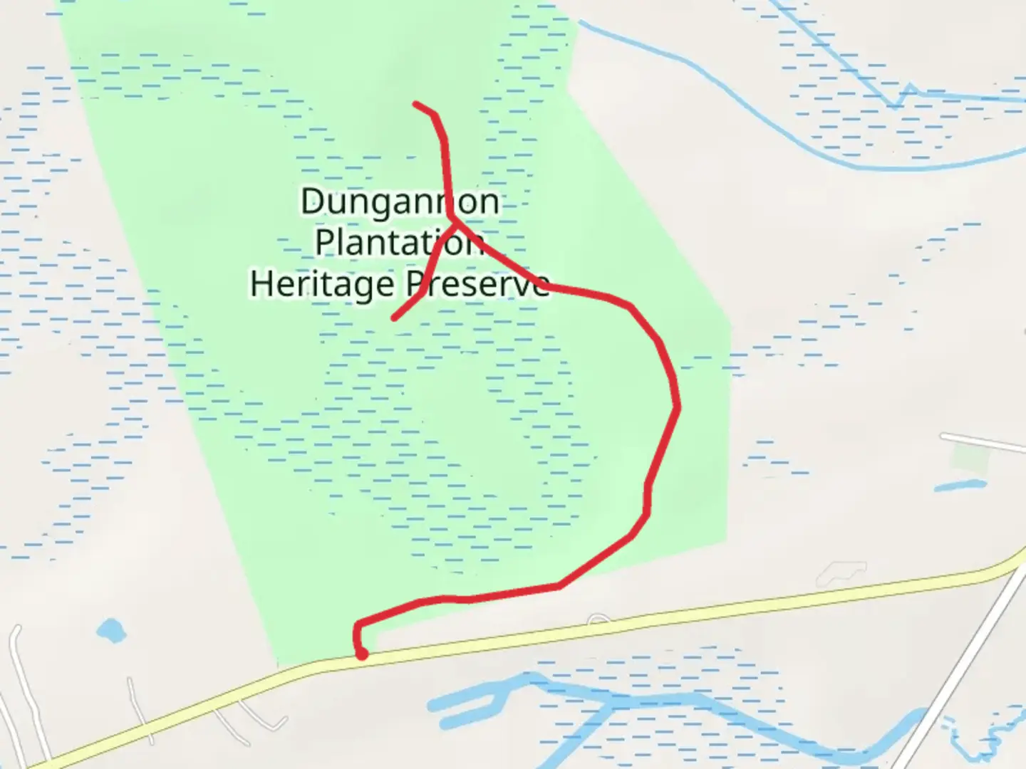 An image depicting the trail Dungannon Plantation Heritage Preserve and its surrounding area.