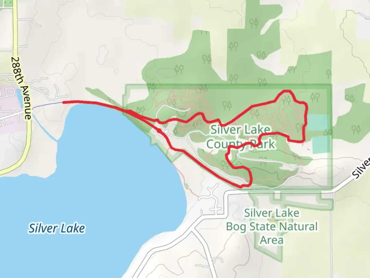 An image depicting the trail Silver Lake County Park Loop and its surrounding area.