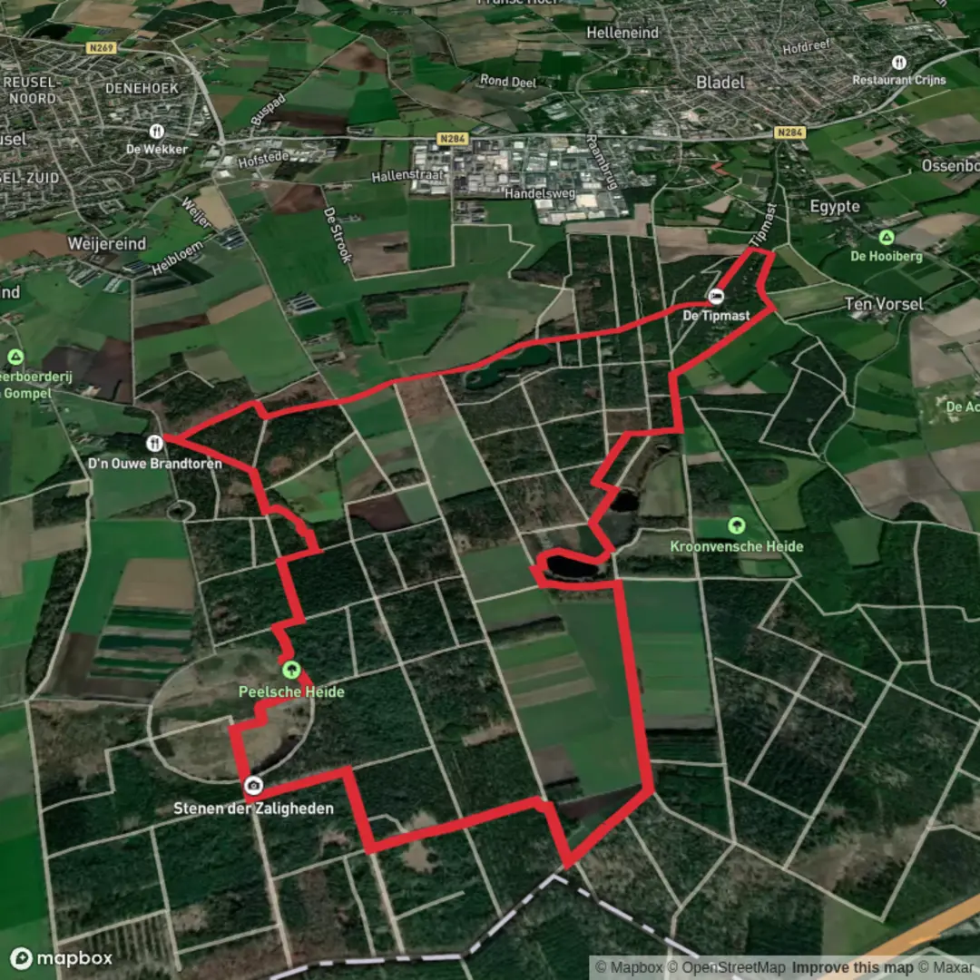 An image depicting the trail t Neerven, Kroonvensche Heide and Peelsche Heide Loop and its surrounding area.