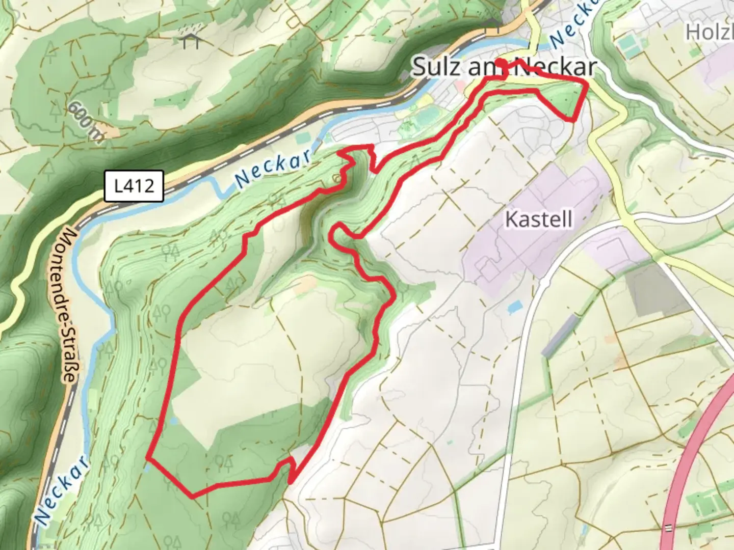 An image depicting the trail Oberndorf - Sulz and Blumenstrasse Loop and its surrounding area.