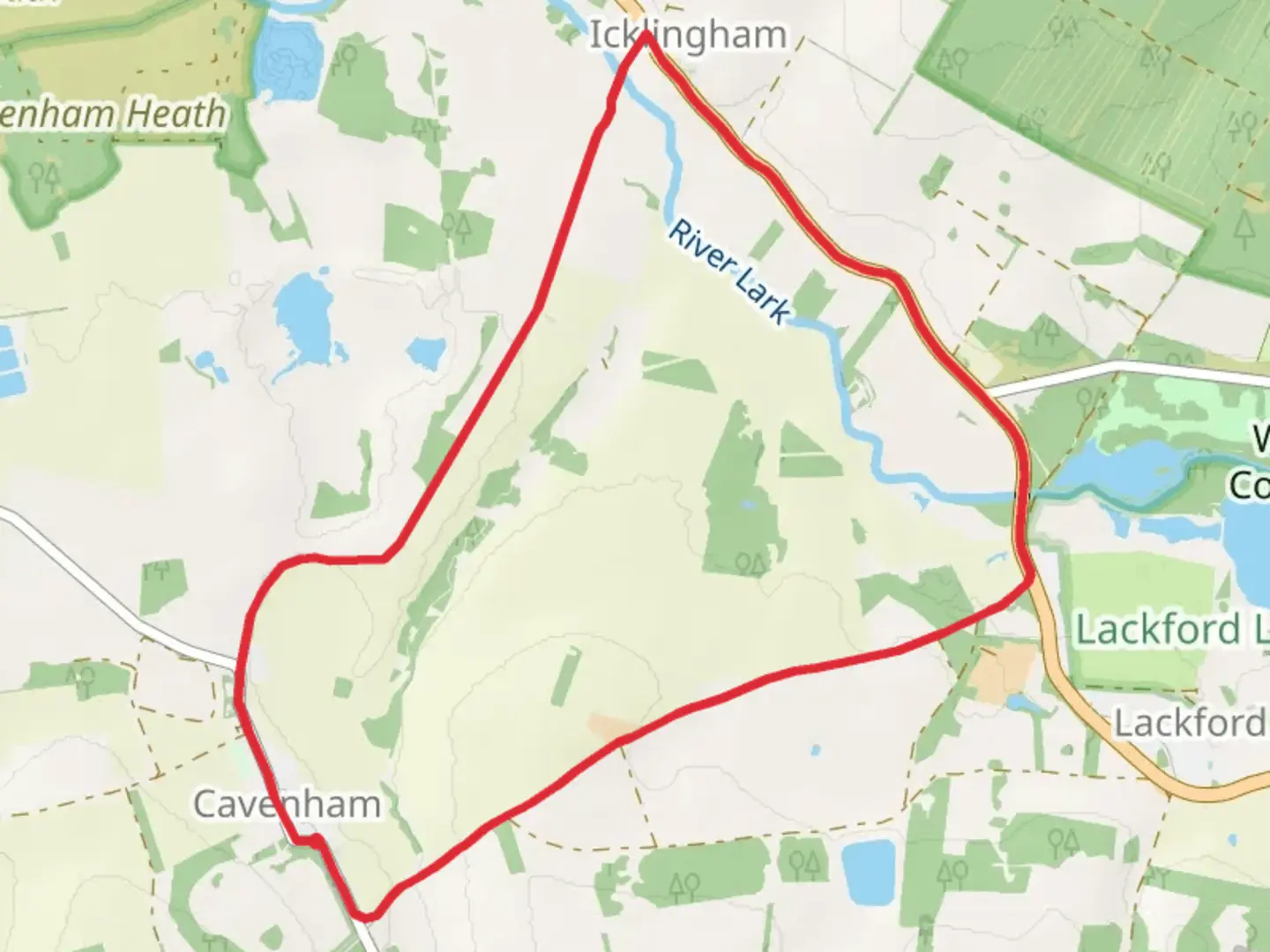An image depicting the trail Cavenham to Icklingham Loop and its surrounding area.