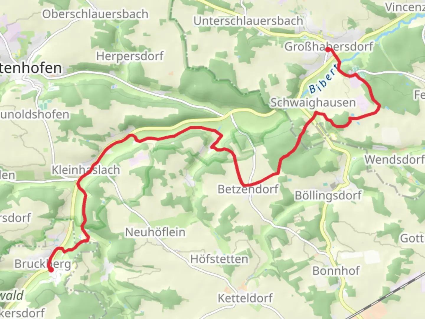 An image depicting the trail Grobhabersdorf to Bruckberg and its surrounding area.