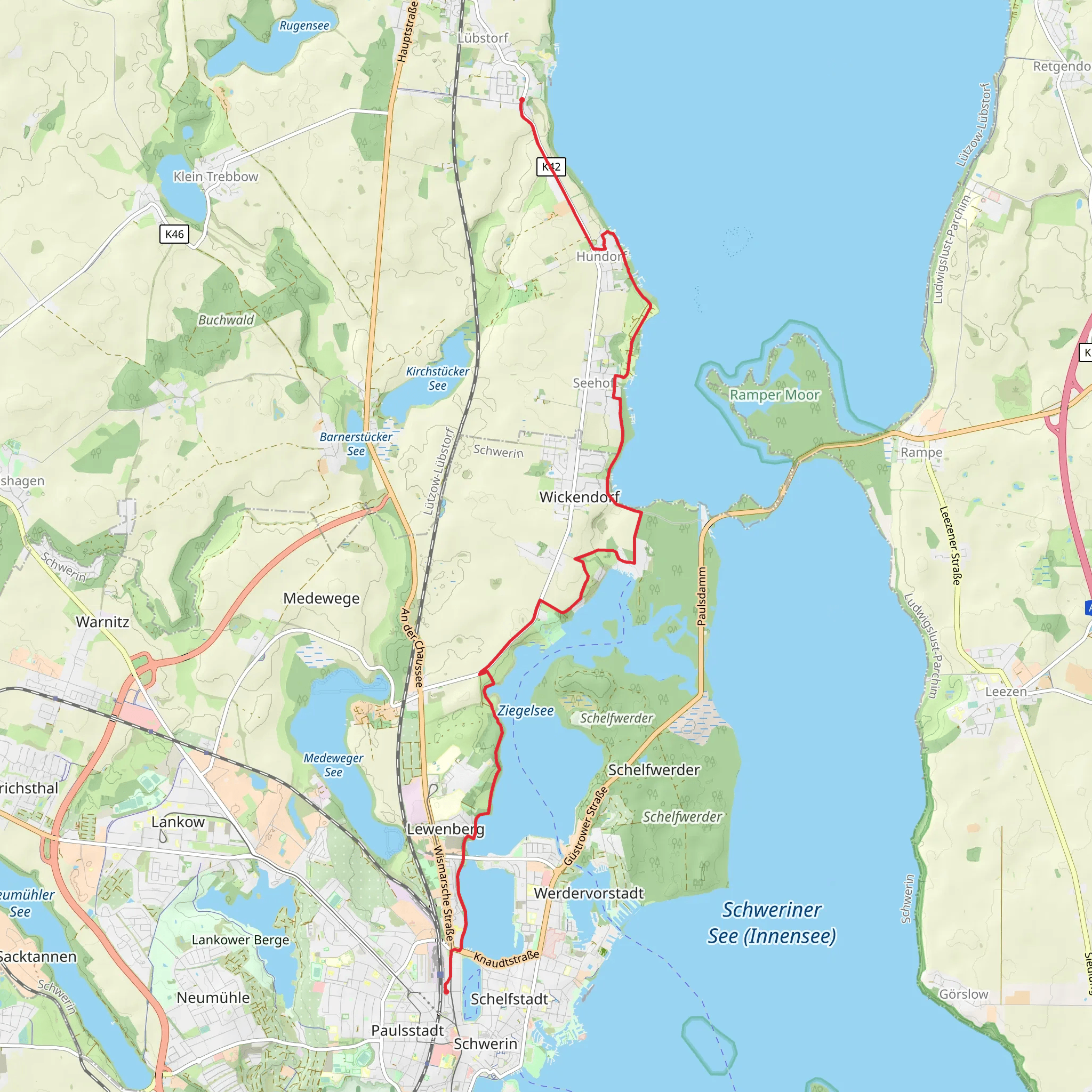 Schwerin to Lübstorf via Wendenhof - Gertrundenhof mobile static map
