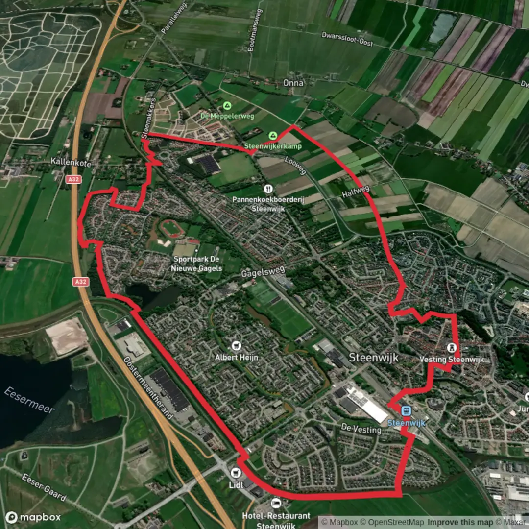 An image depicting the trail Nieuwe Gagels and Dolder Kanaal via Maarten van Rossumpad and Woldmeenthepad and its surrounding area.
