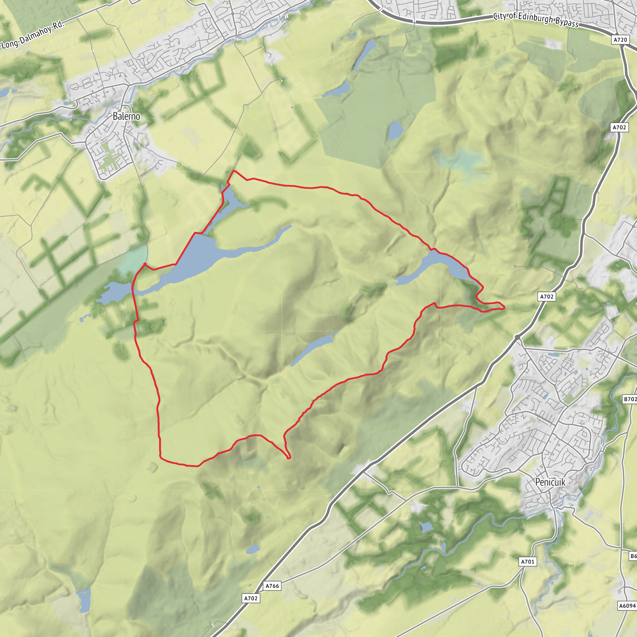 Redford Bridge, South Black Hill, Carnethy Hill, Turnhouse Hill, Glencorse Reservoir and Threipmuir Reservoir Loop mobile static map