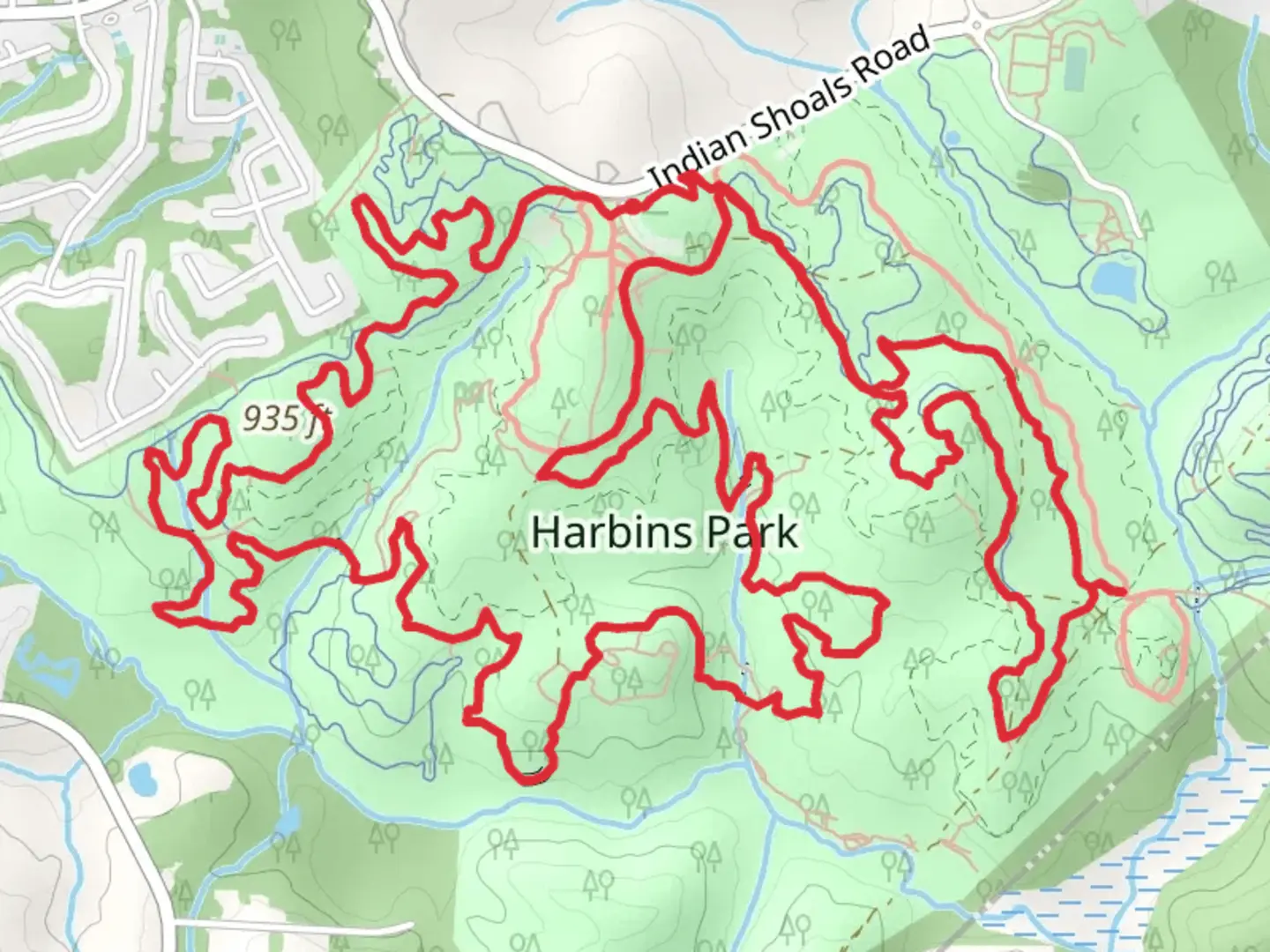 An image depicting the trail Harbins Park Loop and its surrounding area.