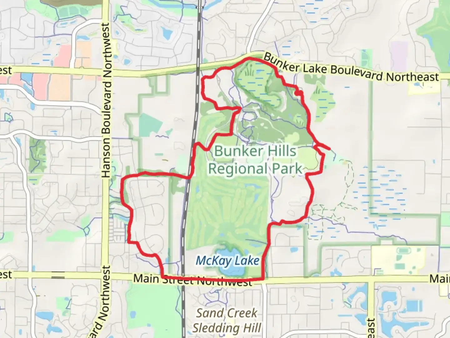 An image depicting the trail McKay Lake and Bunker Lake Loop via Prairie Oaks Trail and its surrounding area.