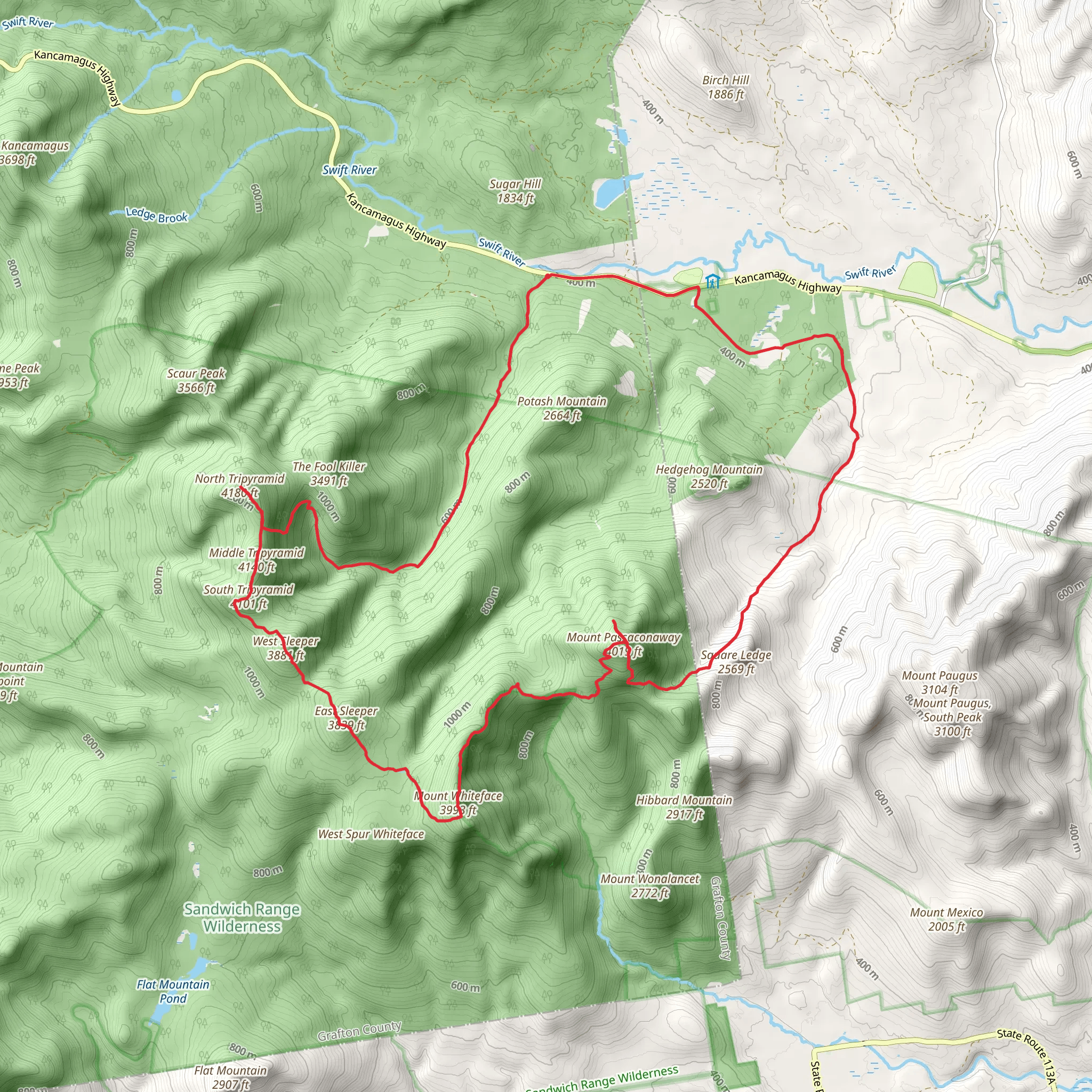 Mt Tripyramid and Whiteface via Sabbaday Brook Trail mobile static map
