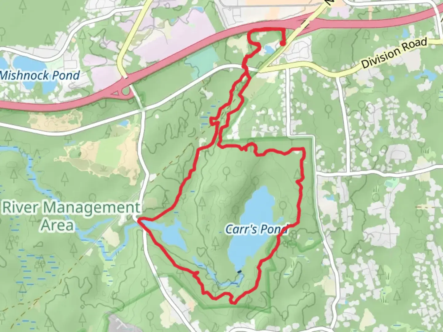 An image depicting the trail Tarbox pond via Upper Spider and Pump House Loop Trail and its surrounding area.