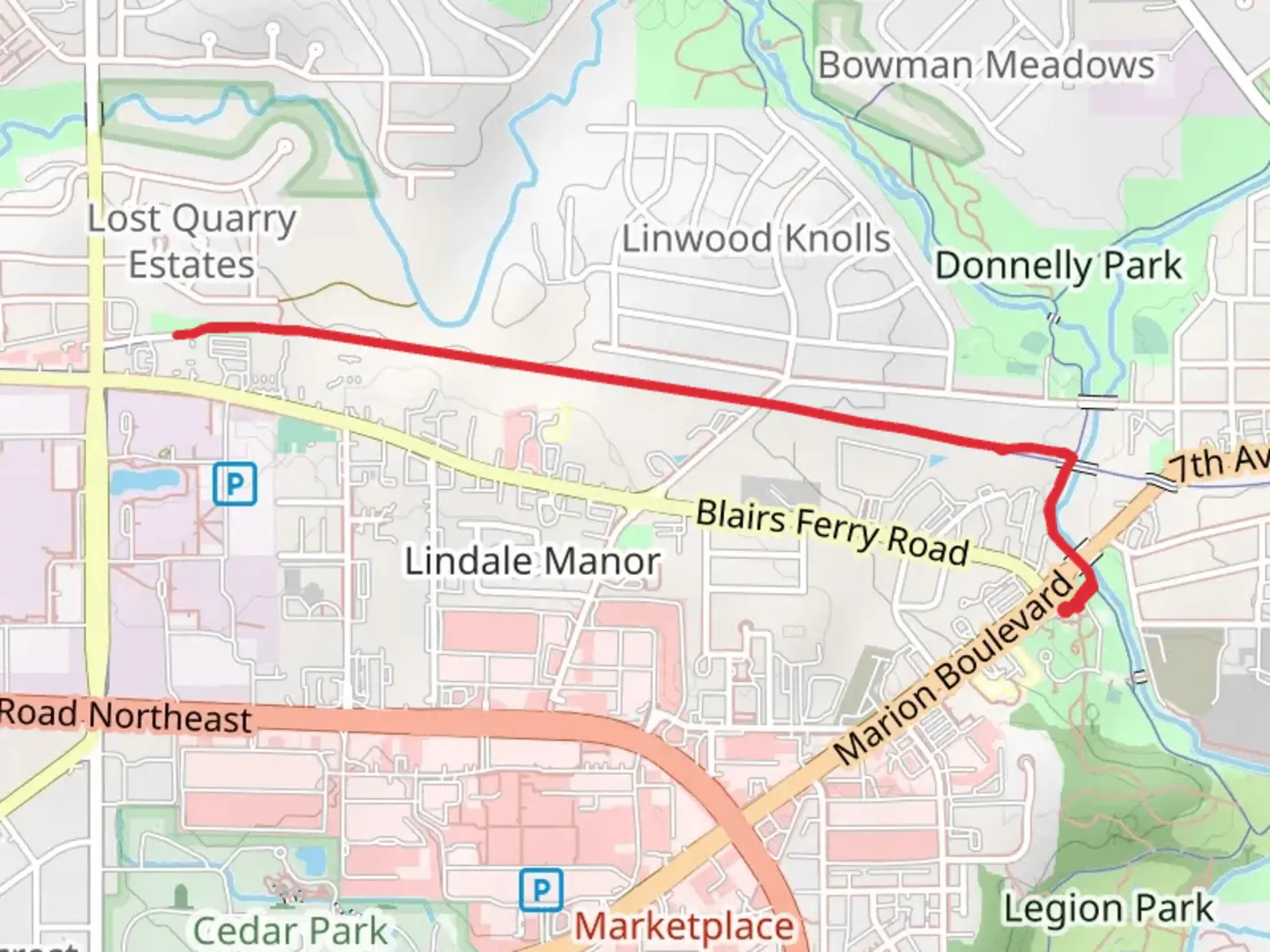 An image depicting the trail CeMar Trail and Grant Wood Trail and its surrounding area.