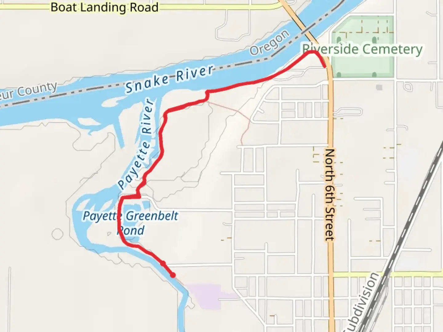 An image depicting the trail Payette River Greenbelt and its surrounding area.