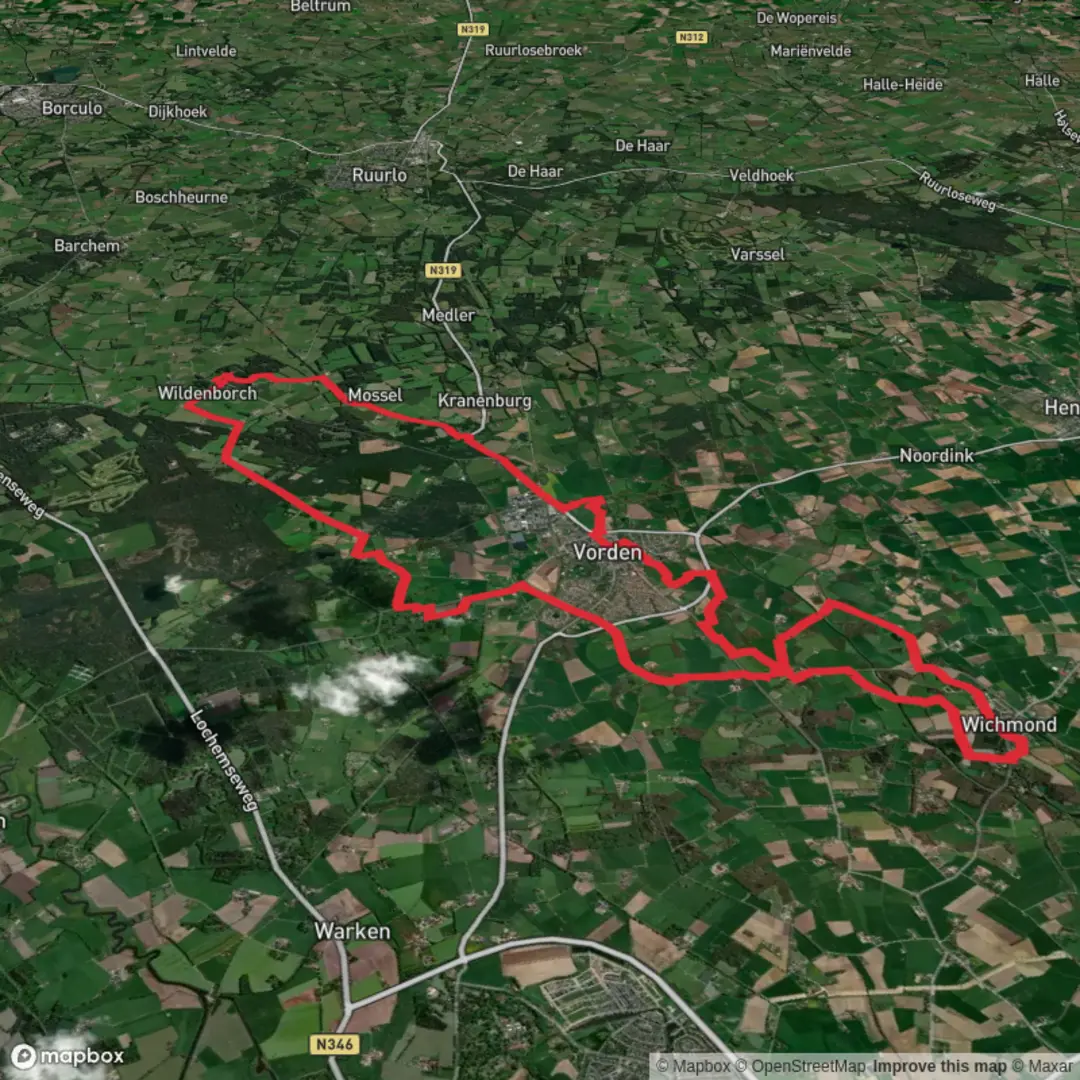 An image depicting the trail Hackfortse Enk Route and Lokaal Vorden Loop and its surrounding area.