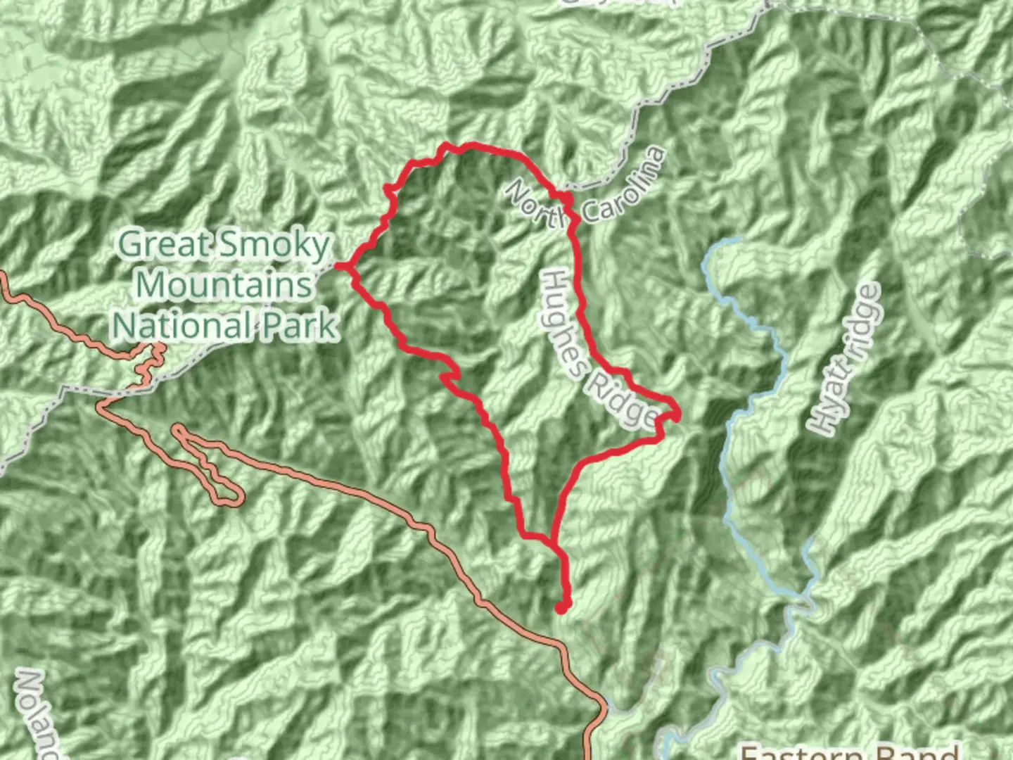 An image depicting the trail Charlies Bunion, Laurel Top and Pecks Corner Loop via Chasteen Creek Trail and its surrounding area.