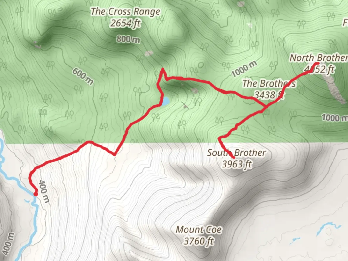 An image depicting the trail South Brother and North Brother via Marston Trail and its surrounding area.