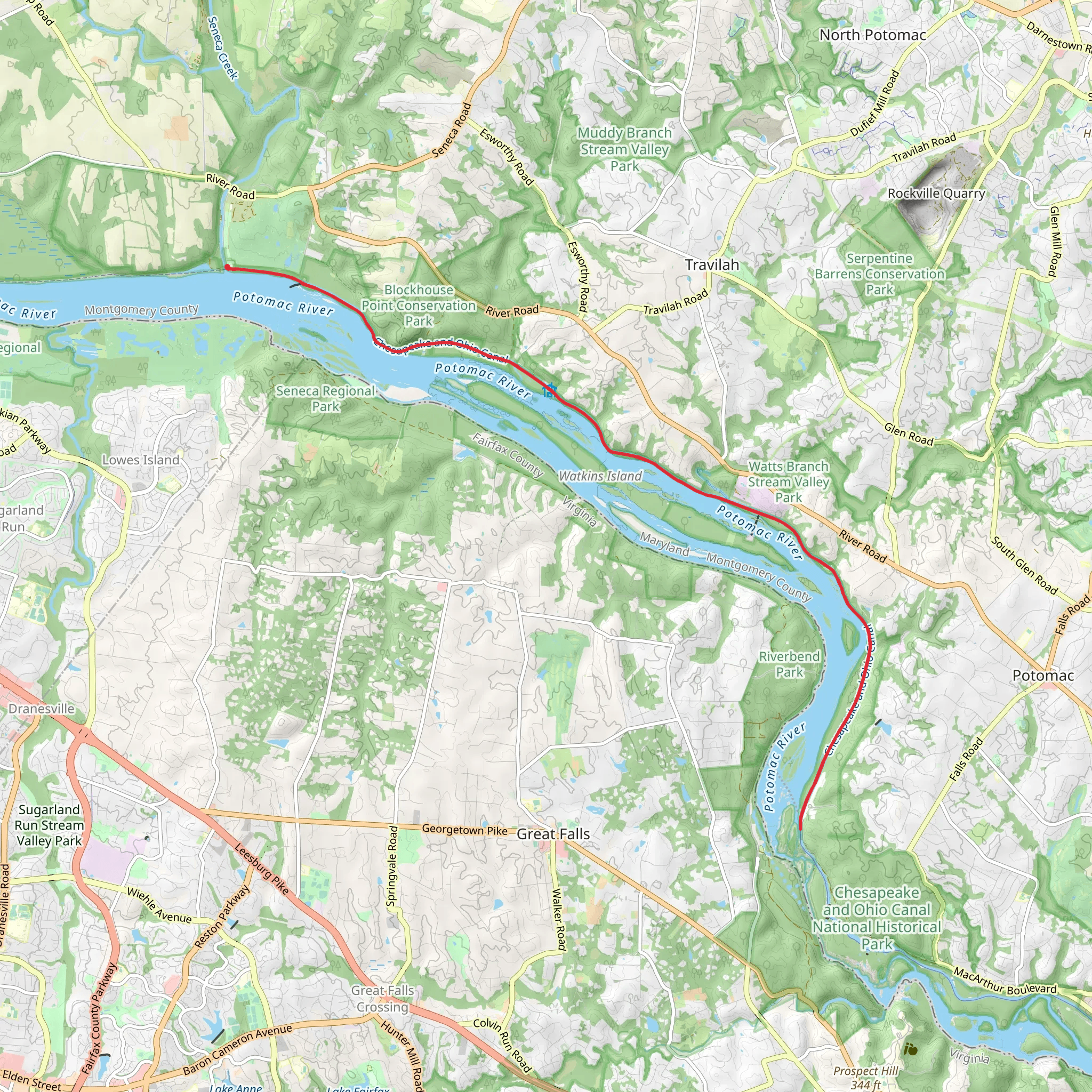 Chesapeake and Ohio Canal via Potomac River mobile static map