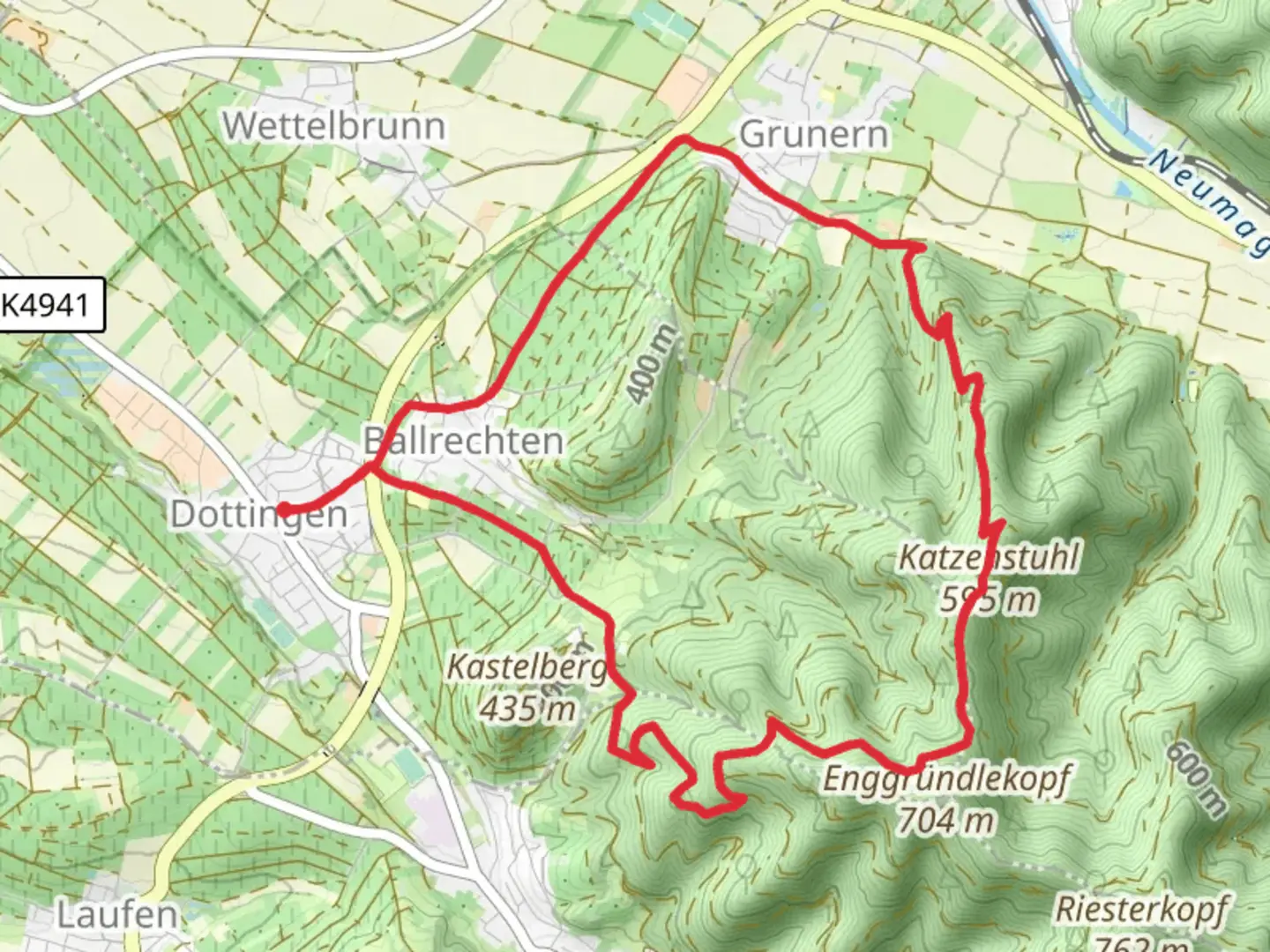 An image depicting the trail Klosterwald, Katzenstuhl and Ballrechten Loop and its surrounding area.