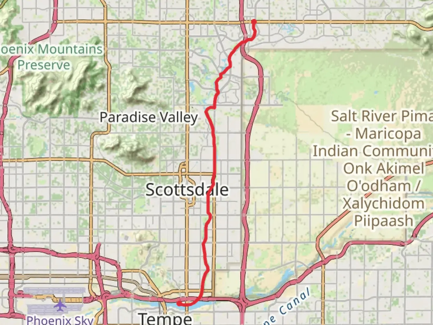 An image depicting the trail Camelback Walk and Tempe Greenbelt and its surrounding area.