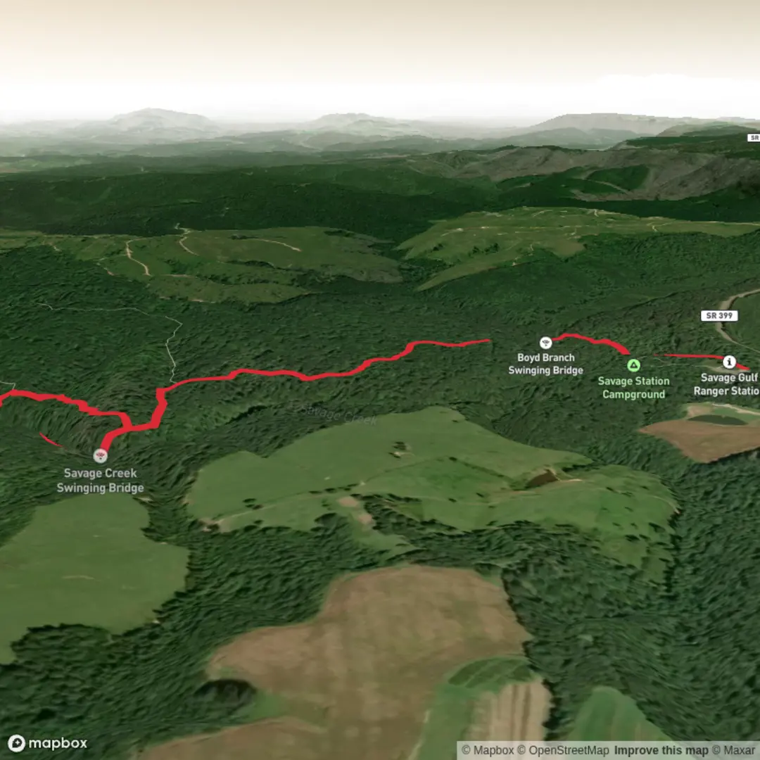 An image depicting the trail Savage Falls Overlook and Savage Falls and its surrounding area.