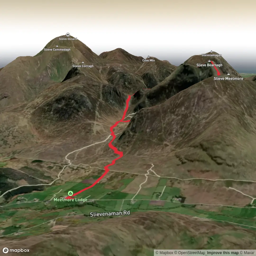 An image depicting the trail Hike from meelmore lodge and its surrounding area.
