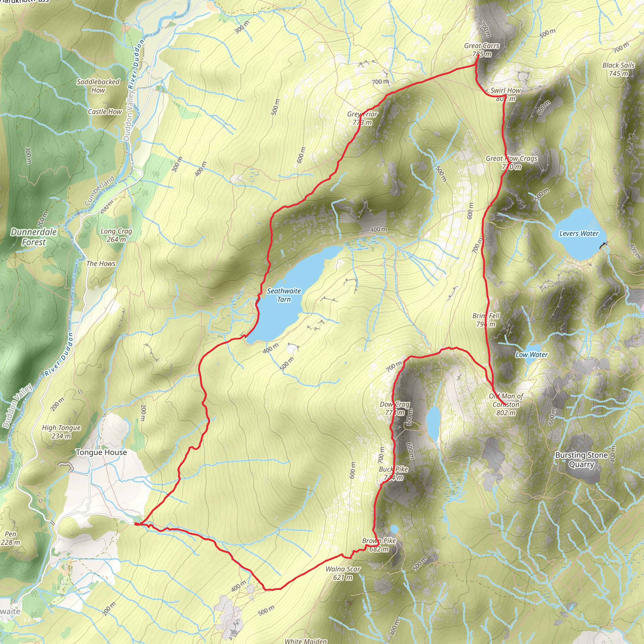 Seathwaite Tarn, Great Carrs, Swirl How and Old Man of Coniston Loop mobile static map