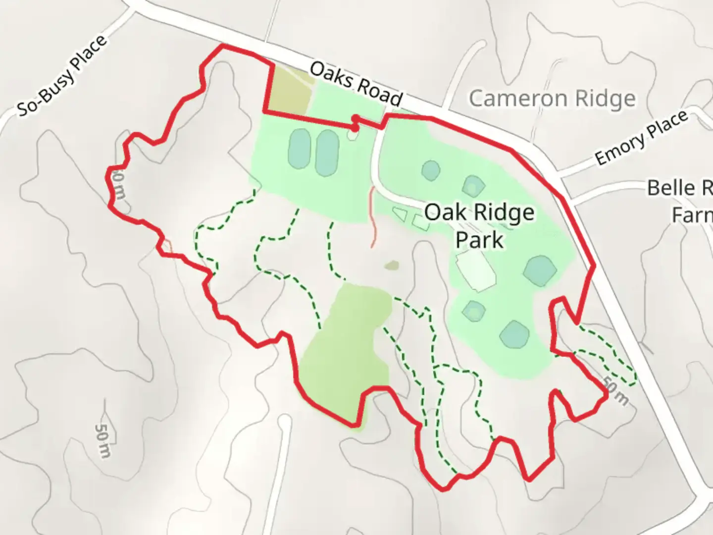 An image depicting the trail Oak Ridge Park and Blue Path Loop and its surrounding area.