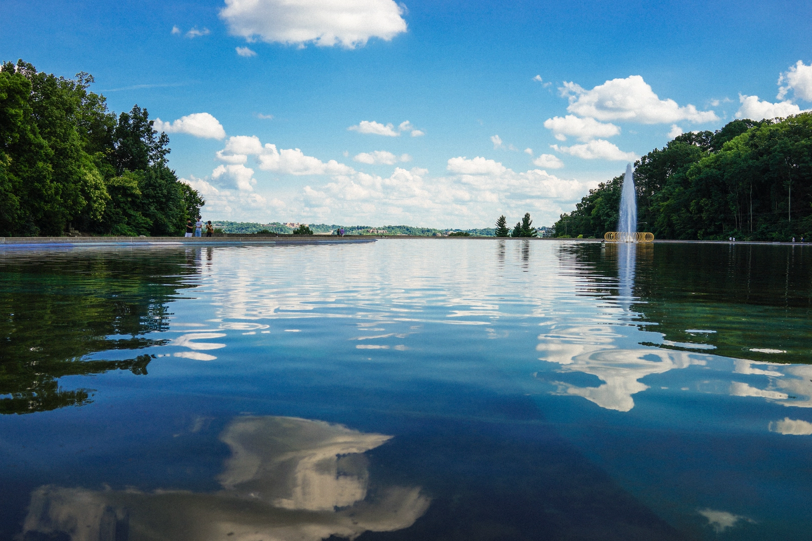An image depicting the trail Mirror Lake in Eden Park and its surrounding area.