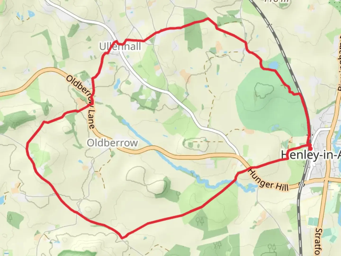An image depicting the trail Cadborough Coppice, Ullenhall Country Park and Hunger Hill via Millenium Way and its surrounding area.