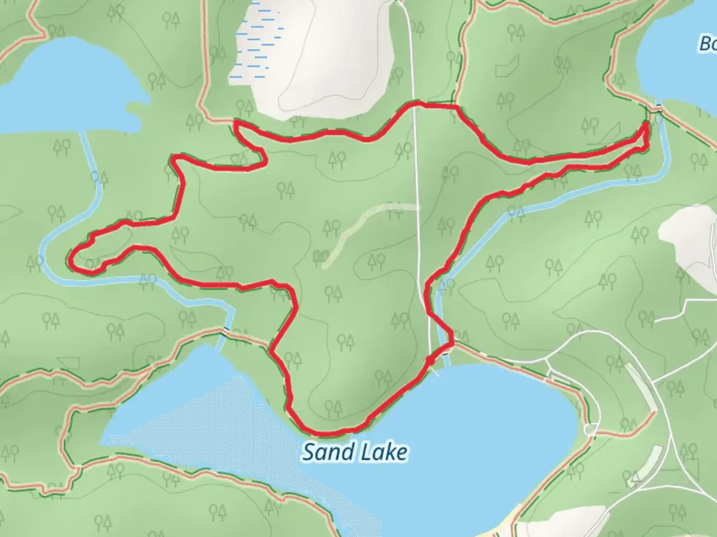 An image depicting the trail Loop above Sand Lake and its surrounding area.