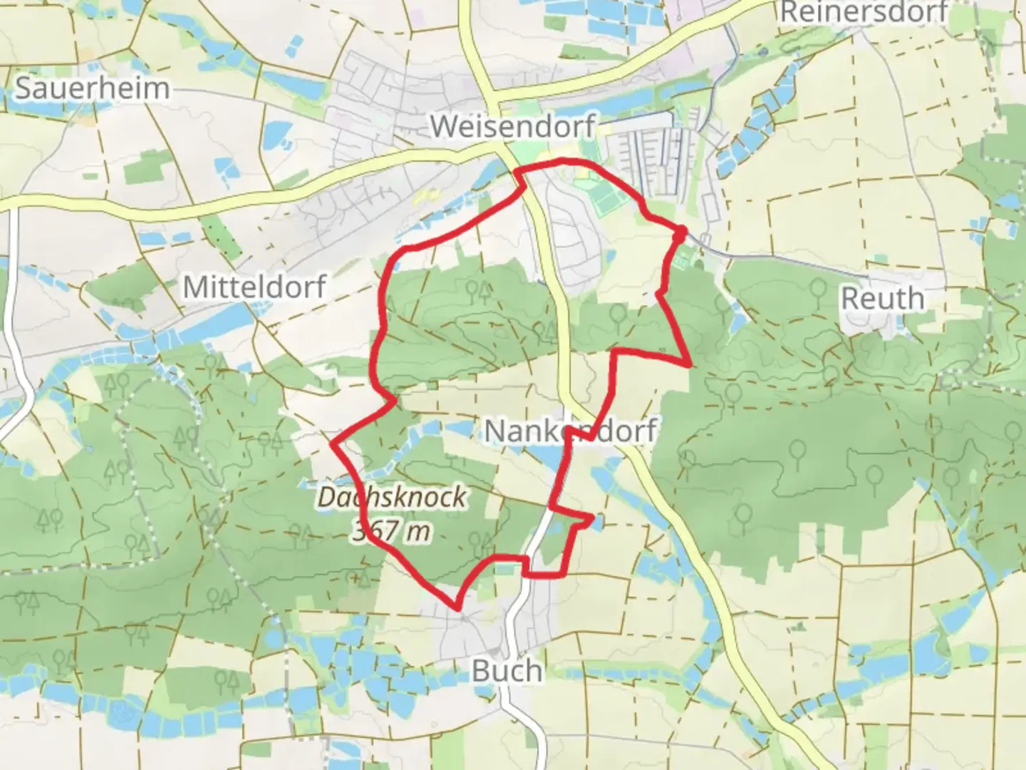 An image depicting the trail Weisendorfer Rundwanderweg 5 and its surrounding area.