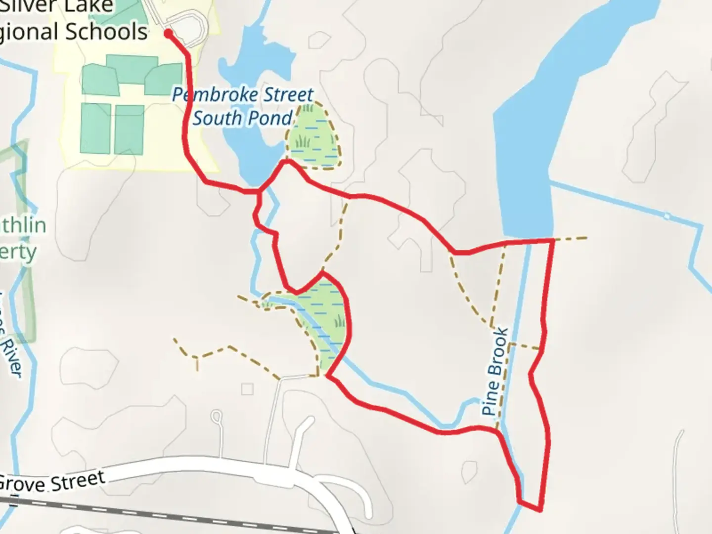 An image depicting the trail Pine Brook and Pembroke Street South Pond Loop Trail and its surrounding area.