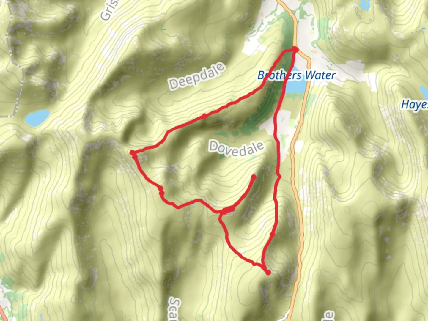 An image depicting the trail Red Screes, Middle Dodd, Little Hart Crag W, Hartsop Above How, and its surrounding area.