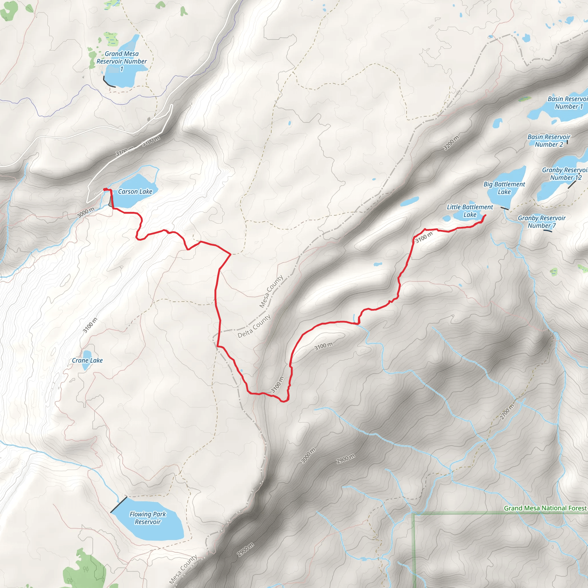 Little Battlement Lake via Greenwood Trail and Carson Lake Trail mobile static map