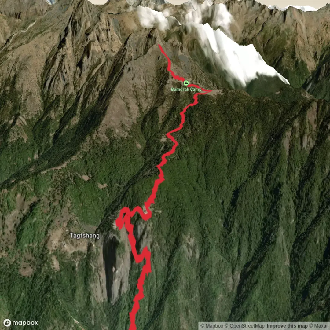 An image depicting the trail Taktsang Base-Bumdrak and its surrounding area.