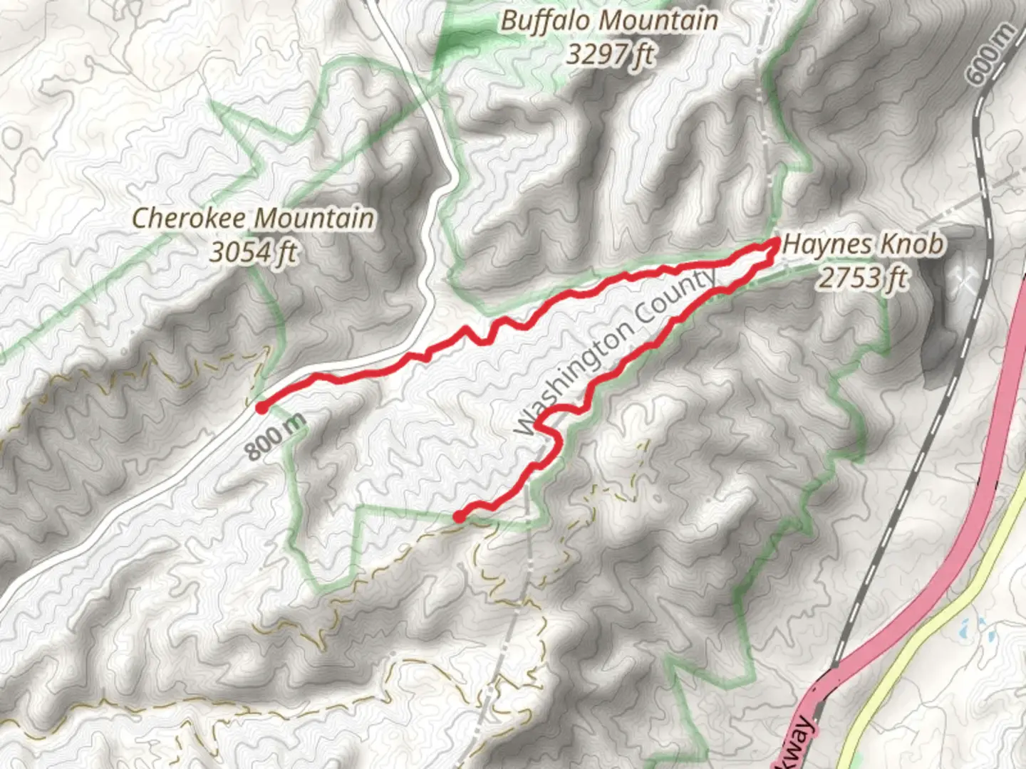 An image depicting the trail Mud Hollow Trail and Basil Gap and its surrounding area.