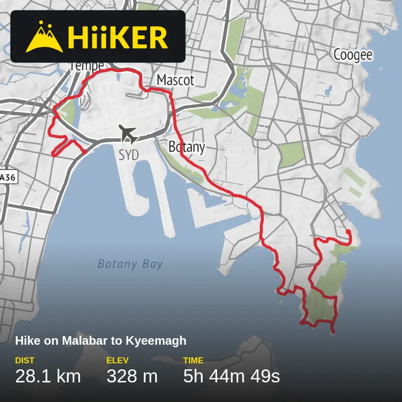 A map preview of the recording Hike on Malabar to Kyeemagh.