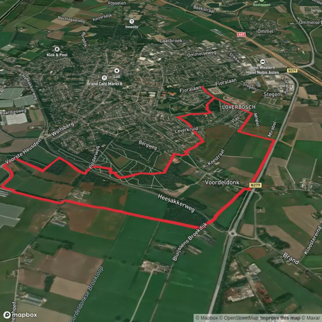 An image depicting the trail Polderse Bossen and Biesvelden via Veldloop and its surrounding area.