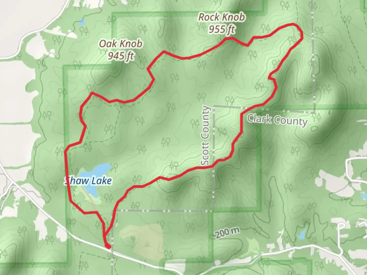 An image depicting the trail Oak, Pine and Rock Knob and Shaw Lake Loop and its surrounding area.