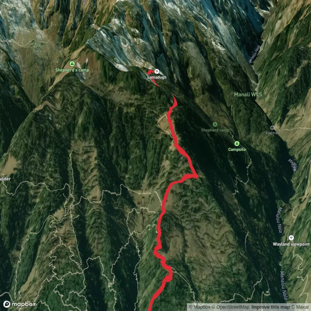An image depicting the trail manali to lama dugh and its surrounding area.