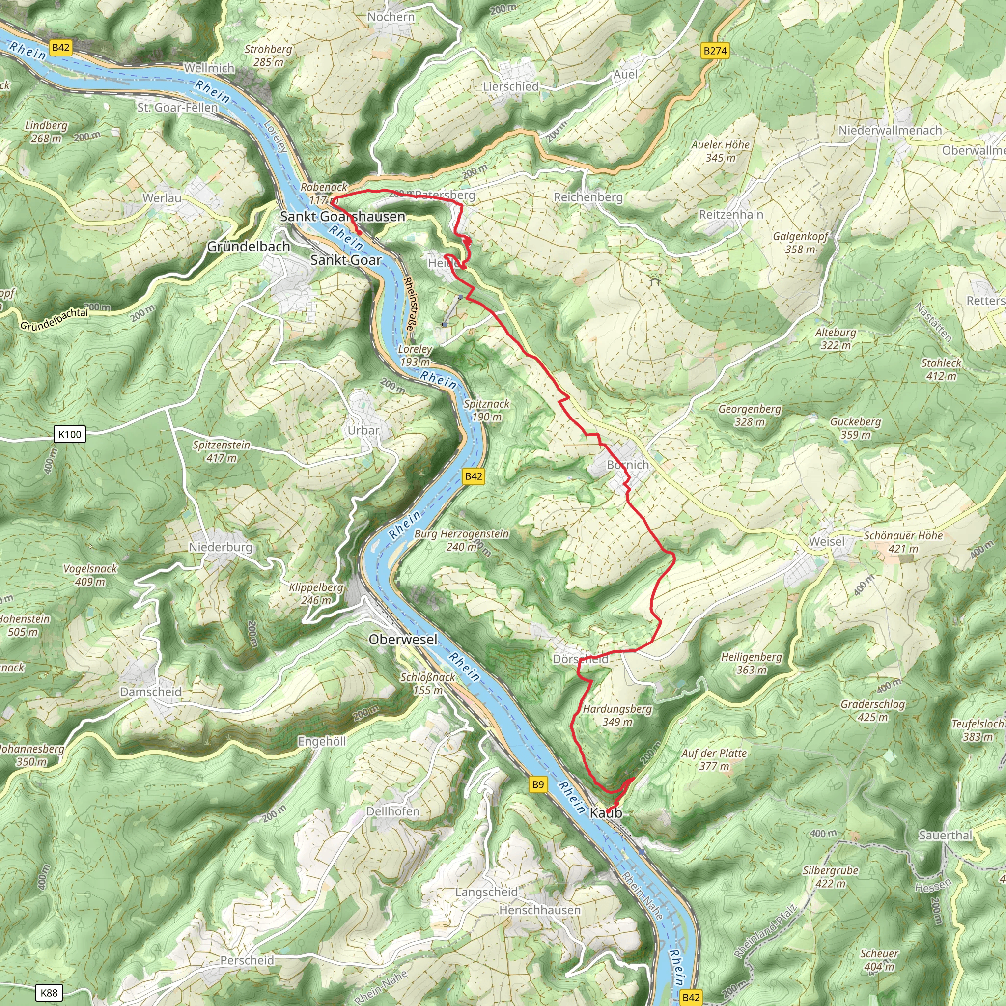 Hausen to Kaub via Rhein Camino mobile static map