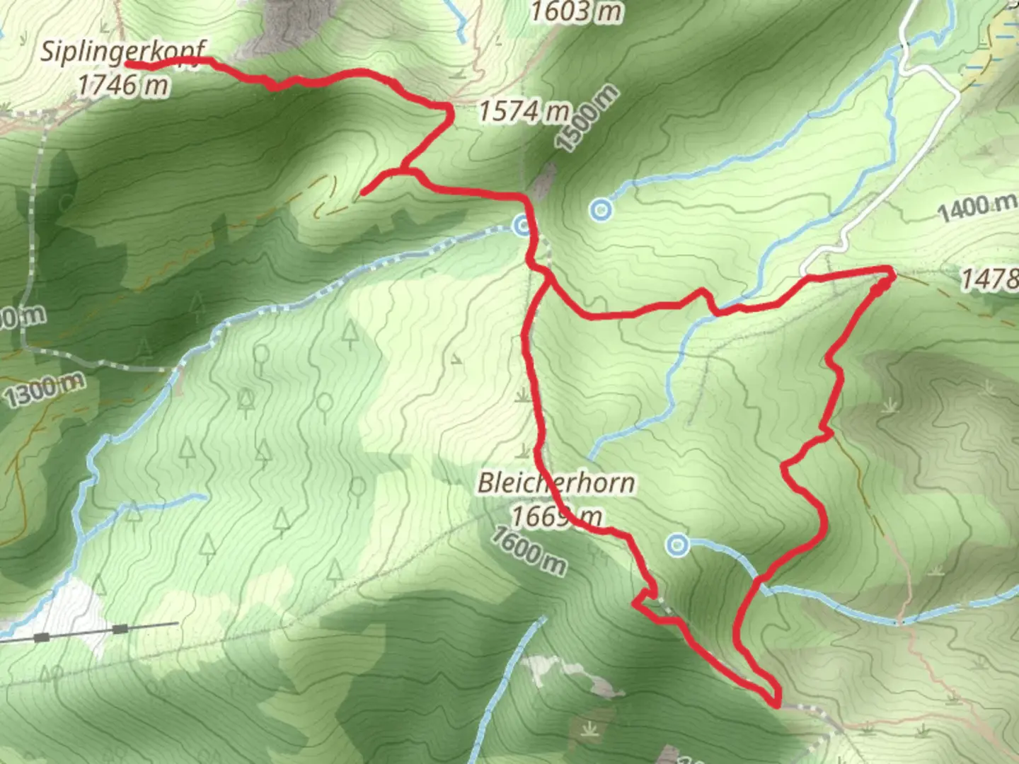 An image depicting the trail Siplingerkopf, Bleicherhorn and Höllritzereck Loop via Oberallgaeuer Rundwandweweg and its surrounding area.