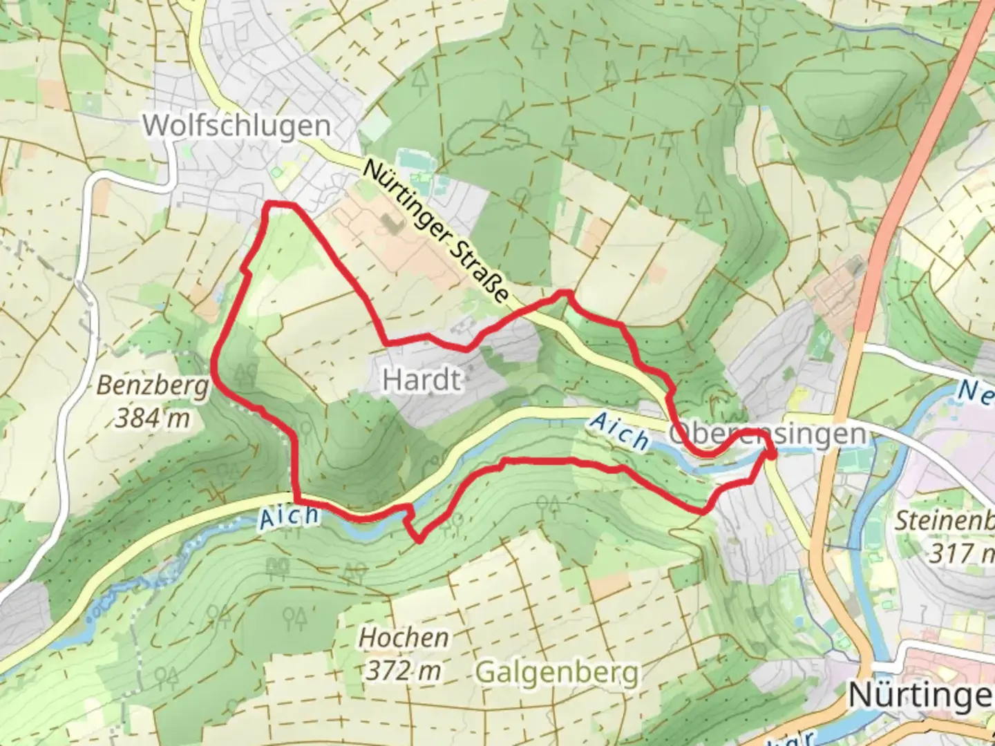 An image depicting the trail Aich via Föllbachweg and Hochgehblickt and its surrounding area.