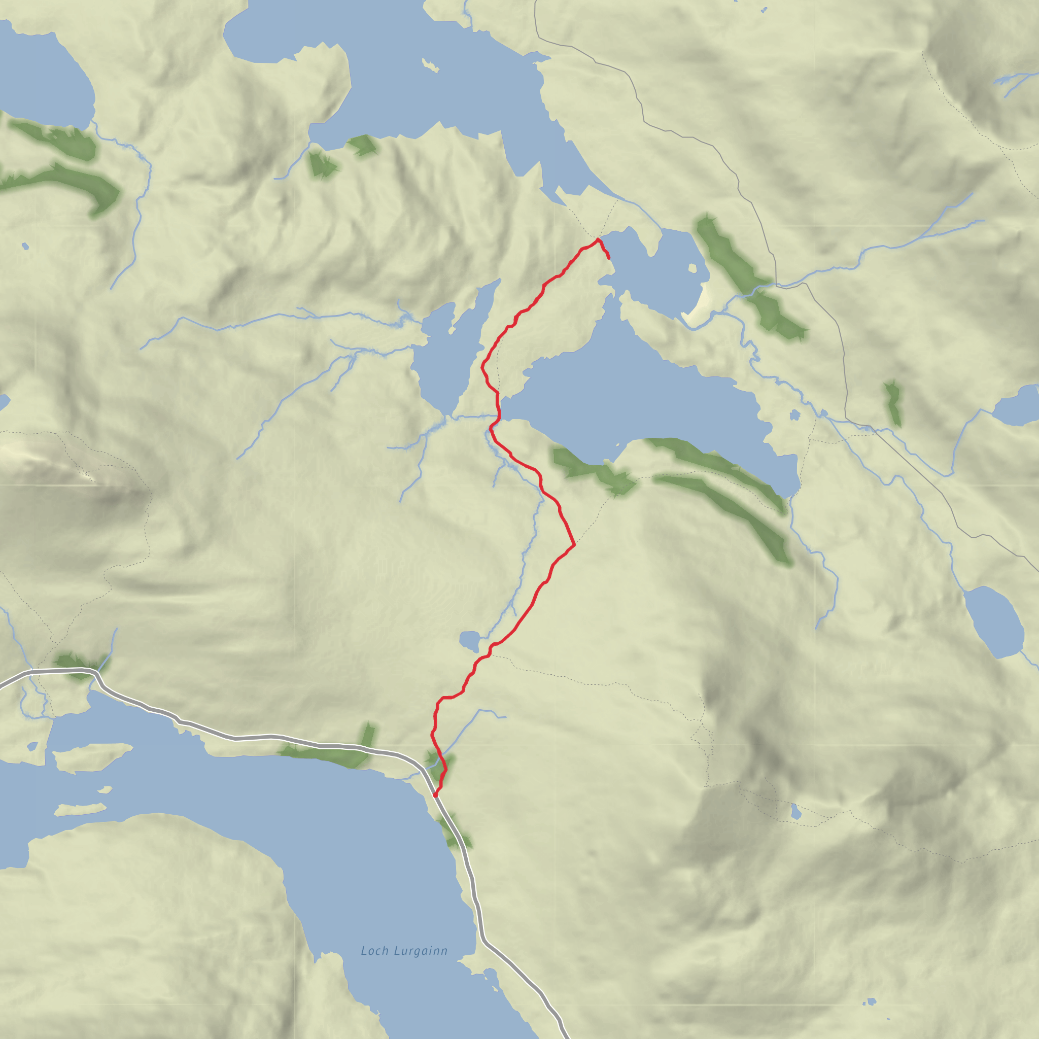 Loch Lon na h-Uamha and Loch an Doire Dhuibh from Loch Lurgainn mobile static map